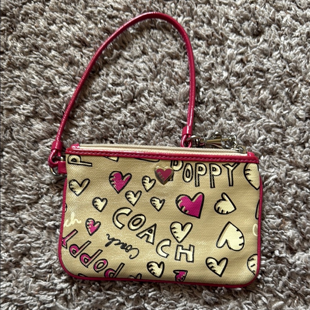 Coach Pink and Tan Heart Print Clutch